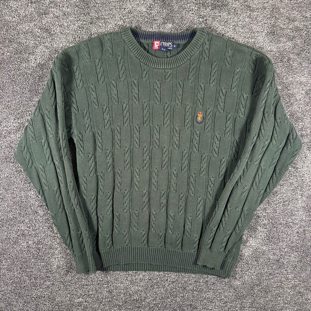 Chaps Ralph Lauren Sweater Mens M Green Cable Knit Crewneck Cotton Pullover Logo